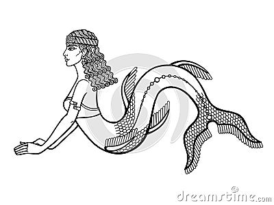 Cartoon linear drawing: beautiful woman, ancient mystical mermaid. Vector Illustration
