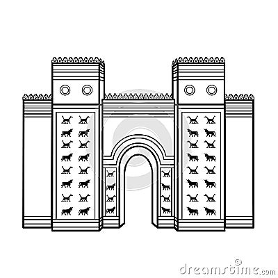 Cartoon linear drawing: Ishtar Gate. Ancient sacred temple. Vector Illustration