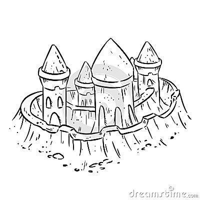 Cartoon lineart hand drawn sand castle, fort or fortress with towers. Cute isolated sketch Vector Illustration