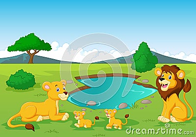 Cartoon lion family near watering hole Vector Illustration