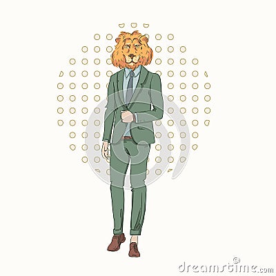 Cartoon Lion Hipster Wear Fashion Suit Retro Abstract Background Vector Illustration