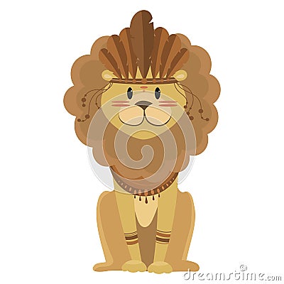 Cartoon lion indian. Vector illustration of a cute lion in a headdress with feathers. Drawing animal for children. Zoo Vector Illustration