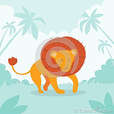 Cartoon Lion Jungle Forest Retro Flat Vector Vector Illustration