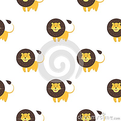 Cartoon Lion Seamless Pattern on White Background. Vector Illustration