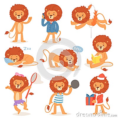 Cartoon lion vector kids leo character of wild child animal playing reading or sleeping illustration set animalistic Vector Illustration