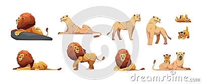 Cartoon lioness. Cute family jungle cats, lion mother and cub flat style, Africa savana zoo animals, cat predators pride Vector Illustration