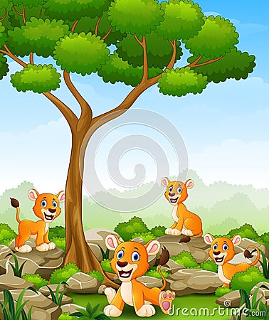 Cartoon lioness group in the jungle Vector Illustration