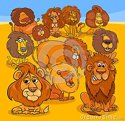 Cartoon lions animal characters group Vector Illustration