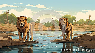 Cartoon lions coming to the brook to drink water Stock Photo