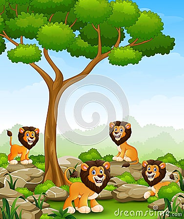 Cartoon lions group in the jungle Vector Illustration