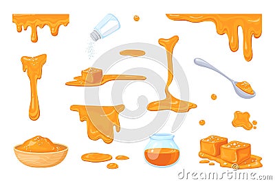 Cartoon liquid caramel. Salted caramels melting, sugar caramelizing dripping sweet brown sauce candy toffee on breakfast Vector Illustration