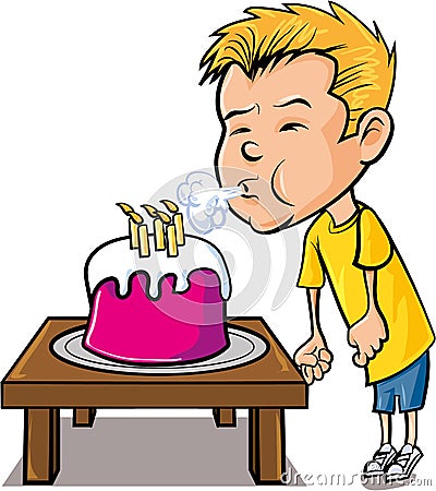 Cartoon little boy blowing out candles Stock Photo