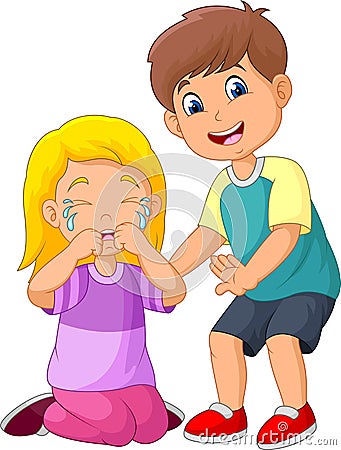 Cartoon little boy comforting a crying girl Vector Illustration