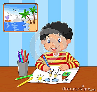 Cartoon little boy drawing Vector Illustration