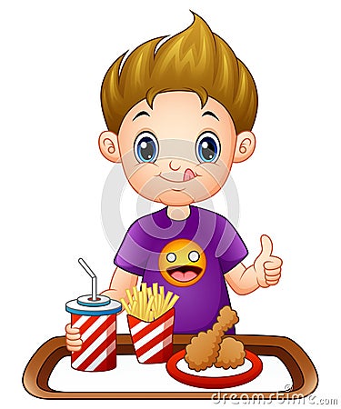 Cartoon little boy with a fast food giving thumbs up Vector Illustration