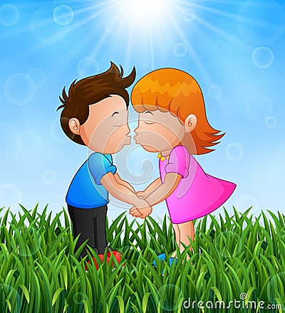 Cartoon little boy and girl kissing in the grass on a background of bright sunshine Vector Illustration