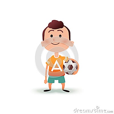 Cartoon little boy holds the ball in his hand. A young man is going to play football. Kid with a soccer ball in flat Stock Photo