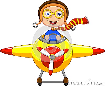 Cartoon Little Boy Operating a Plane Vector Illustration