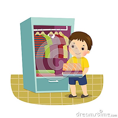 Cartoon of a little boy putting stack of folded clothes in closet. Kids doing housework chores at home concept Vector Illustration