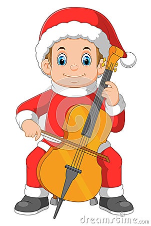 Cartoon little boy in red santa clothes playing cello Vector Illustration