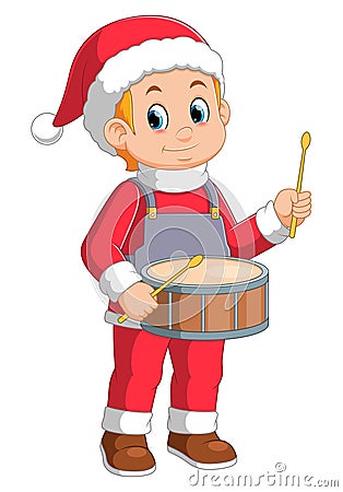 Cartoon little boy in red santa clothes playing drums Vector Illustration