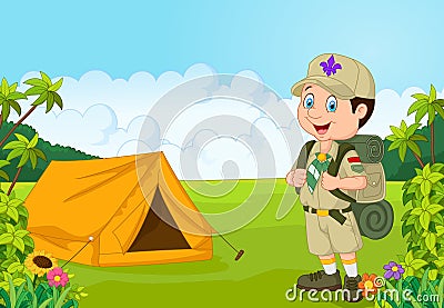 Cartoon little boy scout with tent Vector Illustration