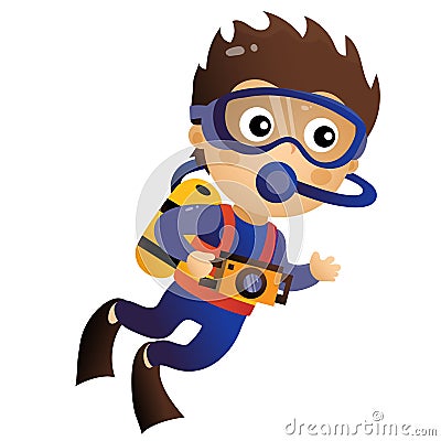 Cartoon little boy scuba diver. Marine photography or shooting. Underwater world. Colorful vector illustration for kids Vector Illustration