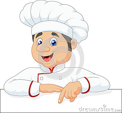 Cartoon little chef pointing at a banner or menu Vector Illustration