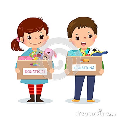 Cartoon of little children girl and boy holding donation box with clothes and toys Vector Illustration