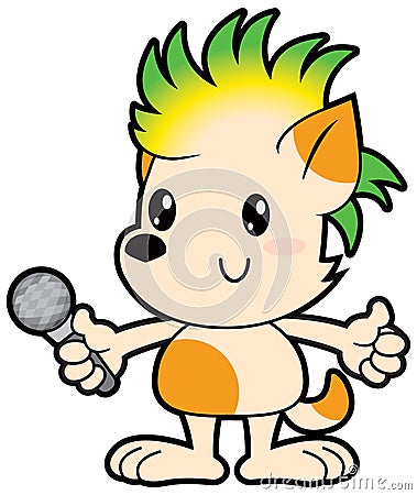 Cartoon little dog with punk haircut sings karaoke Vector Illustration