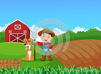 Cartoon little farmer and his dog with farm background Vector Illustration