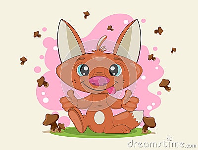 Cartoon little fox smiling. Cute childish illustration with smiling fox and flying mushrooms Vector Illustration