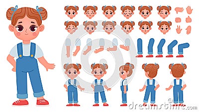 Cartoon little girl character constructor with gestures and emotions. Child mascot side and front view, body parts for Vector Illustration