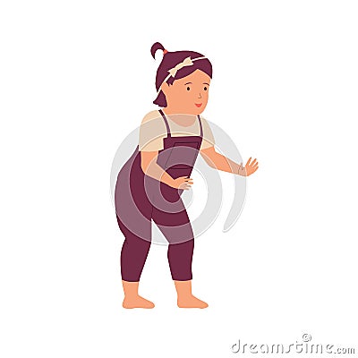 Cartoon little girl. Cute baby learning to walk. Minimalistic style happy daughter standing in funny pose. Innocence kid Vector Illustration