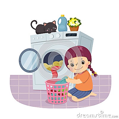 Cartoon of a little girl doing the laundry. Kids doing housework chores at home concept Vector Illustration