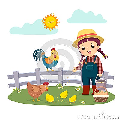 Cartoon of little girl farmer feeding her chickens Vector Illustration