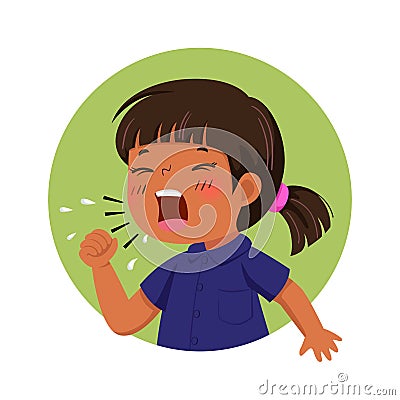 Cartoon little girl feeling unwell and coughing. Health Problems concept Vector Illustration