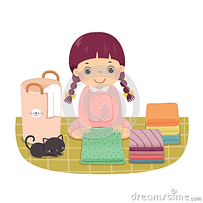 Cartoon of a little girl folding clothes. Kids doing housework chores at home concept Vector Illustration