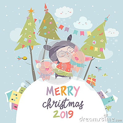 Cartoon little girl with funny pigs. Christmas card Vector Illustration