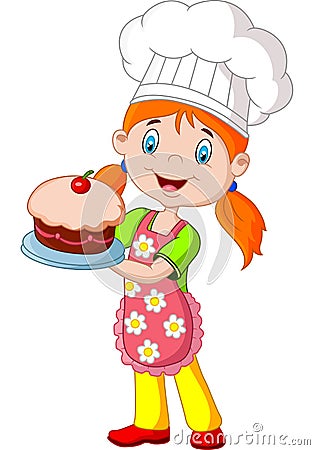 Cartoon little girl holding cake Vector Illustration