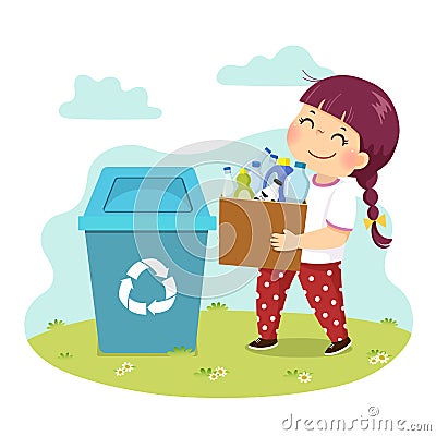 Cartoon of a little girl holding a carton with the plastic bottles to the recycle bin. Kids doing housework Vector Illustration