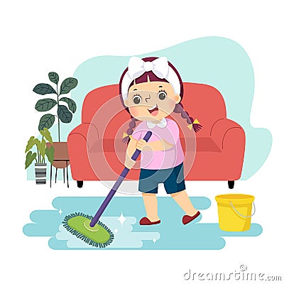 Cartoon of a little girl mopping the floor. Kids doing housework chores at home concept Vector Illustration