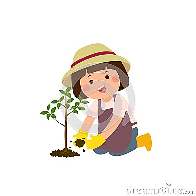 Cartoon little girl planting young tree Vector Illustration