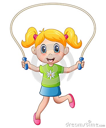 Cartoon little girl playing jumping rope Vector Illustration