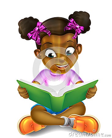 Cartoon Little Girl Reading Amazing Book Vector Illustration