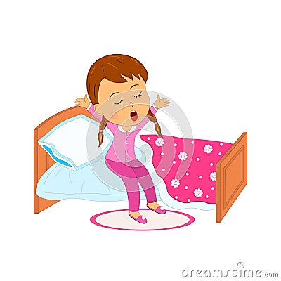 Cartoon little girl waking up in the morning Vector Illustration