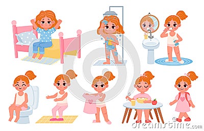 Cartoon little kid girl home daily routine. Cute child dress, shower, eat breakfast and exercise. Children morning Vector Illustration