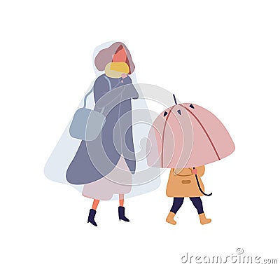 Cartoon little kid holding umbrella walking under rain with mother. Woman in raincoat going on street with child at Vector Illustration