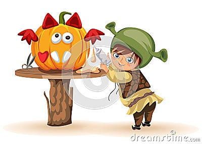 Cartoon little kid preparing for All Hallows Eve poster. Cheerful child dressed in costume of shrek making Halloween Vector Illustration