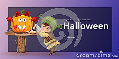 Cartoon little kid preparing for All Hallows Eve poster. child dressed in costume shrek carving Halloween pumpkin vector Vector Illustration